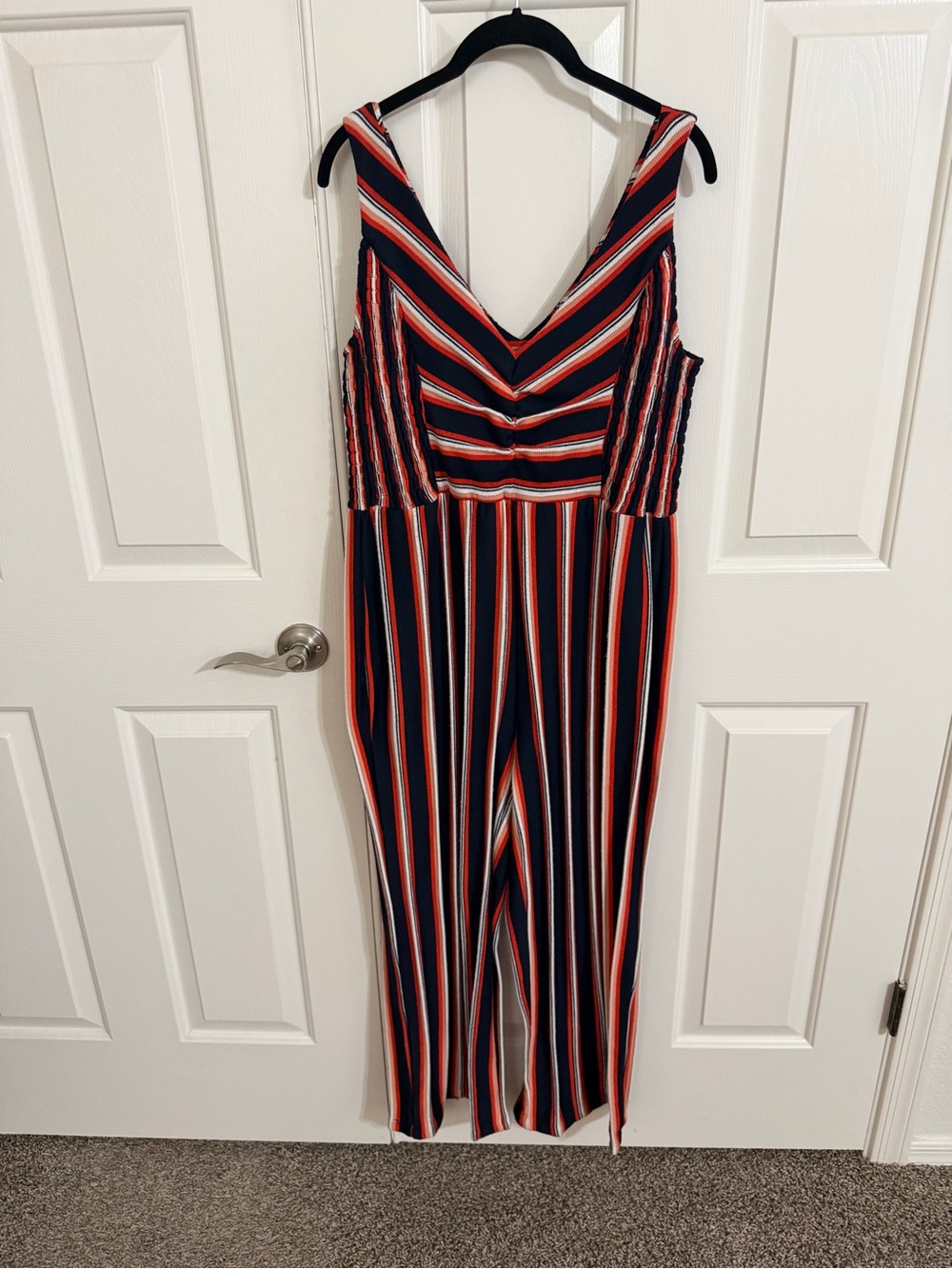 Torrid 1 XL Striped Wide Leg Jumpsuit V Neck Smocked Ruched Red Navy